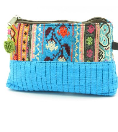 Trousse turquoise patchwork et chanvre