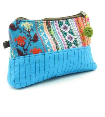 Trousse turquoise patchwork et chanvre