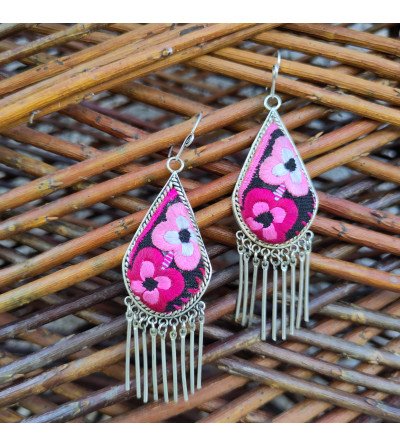 Pink Flowers Embroidered Earrings