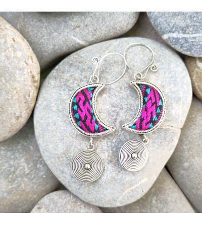 embroidered spiral moon earrings