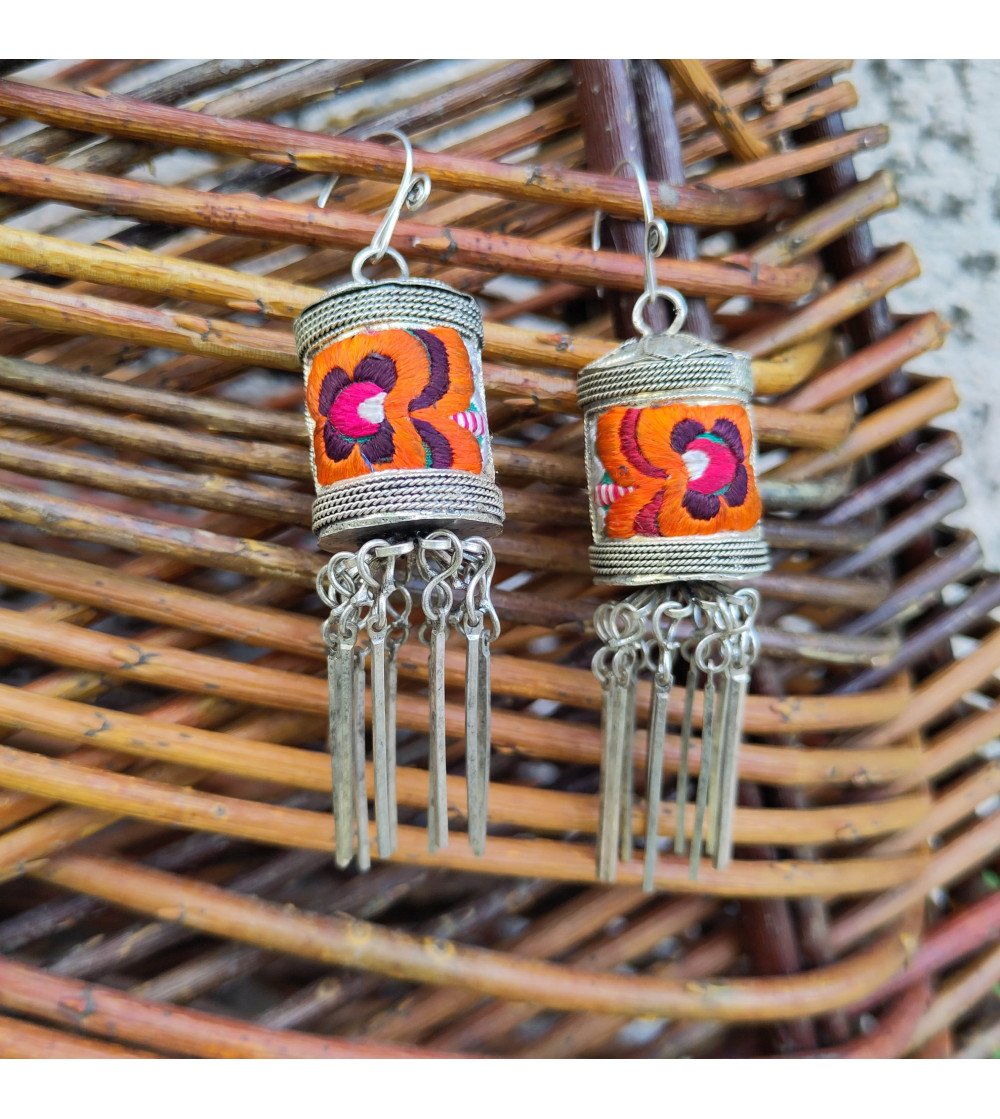 Miao ethnic prayer wheel earrings