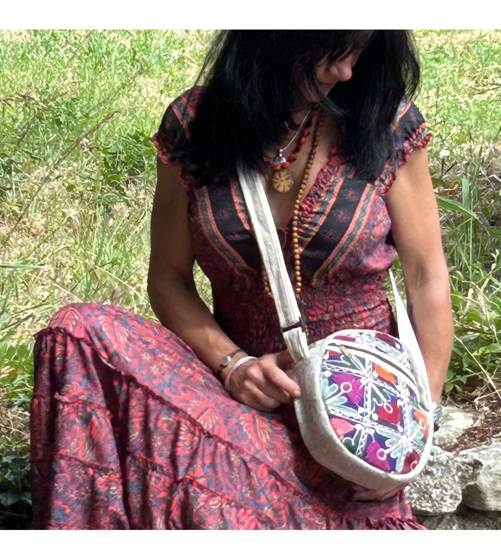 Round Hemp Crossbody Bag with Recycled Embroidery