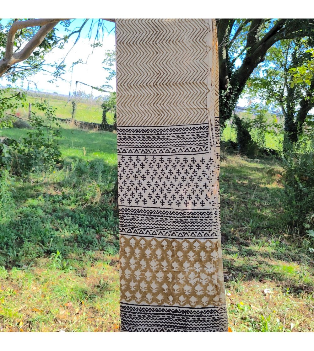 Paréo ou foulard en block print, coton bicolore