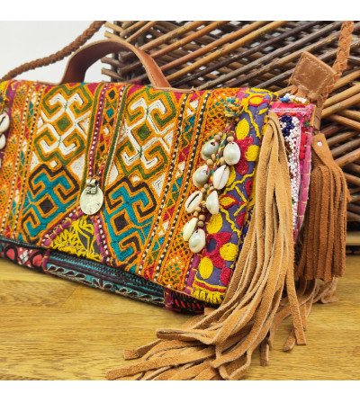 Boho ethnic fringe bag, leather and embroidery