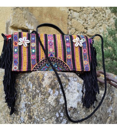 Boho ethnic fringe bag, black nubuck and embroidery