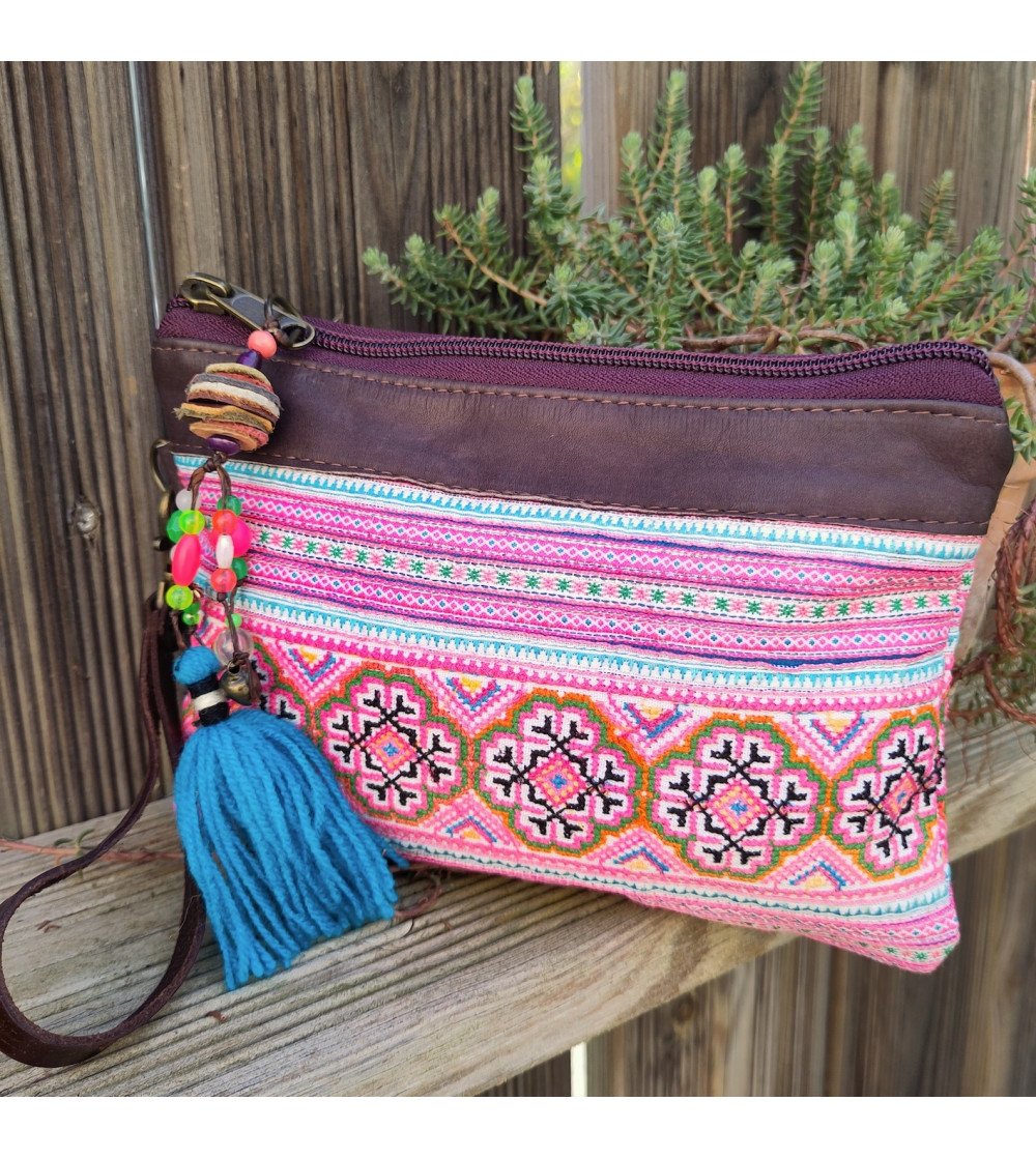 Leather and recycled embroidery clutch bag