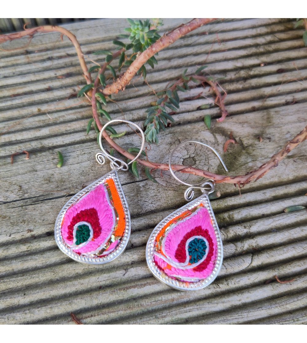 Pink embroidered drop earring