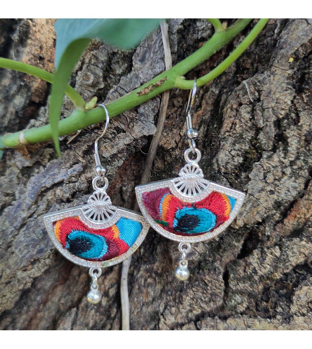 Peacock embroidery fan earrings